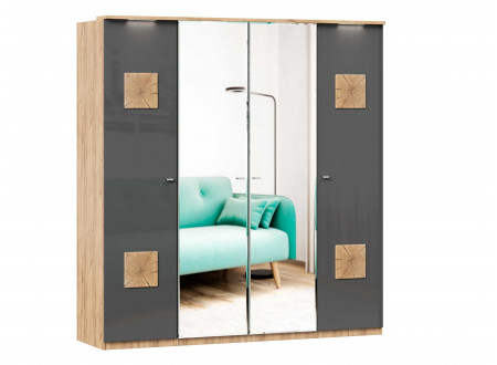 Шкаф 4х-дверный с зеркалами в ЦЕНТРЕ, с декором, с полками по бокам и со штангой - (659.222.233.222)
