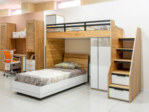 Кровать-чердак левая с лестницей СПРАВА - 528.250.010 в комплекте с нижней кроватью