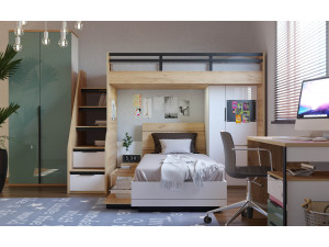 Кровать-чердак левая с лестницей СПРАВА - 528.250.010 в комплекте с нижней кроватью